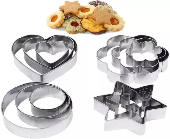 Cookies cutter 12pcs set Polished Stainless Steel Biscuit shape Flower Five-pointed star Heart Round